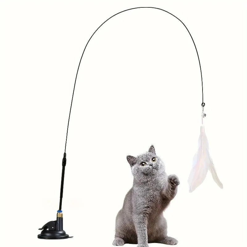 Varinha Interativa com Sino e Penas para Gatos – Brinquedo com Ventosa e Haste Longa