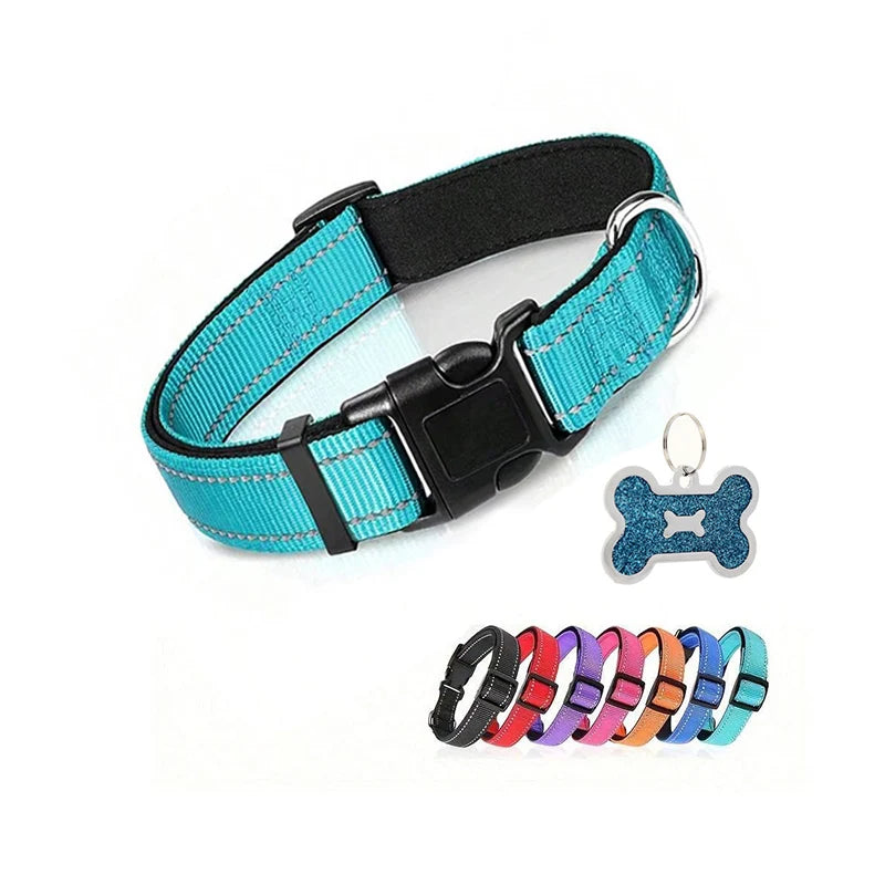 Coleira para Cães em Nylon - Acolchoada, Ajustável e Refletiva com Plaquinha de Identificação
