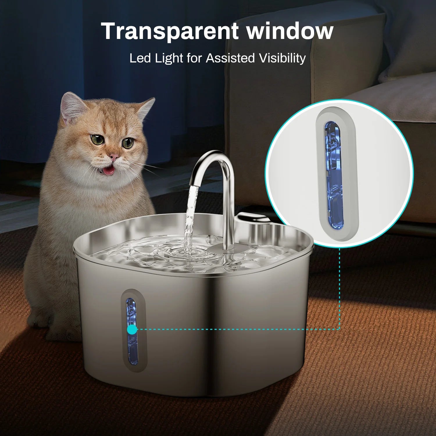 Bebedouro Elétrico Automático 2,2L para Pets – Fonte de Água em Aço Inox com Janela de Nível
