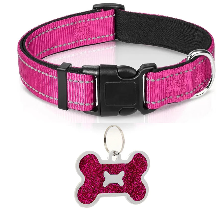 Coleira para Cães em Nylon - Acolchoada, Ajustável e Refletiva com Plaquinha de Identificação