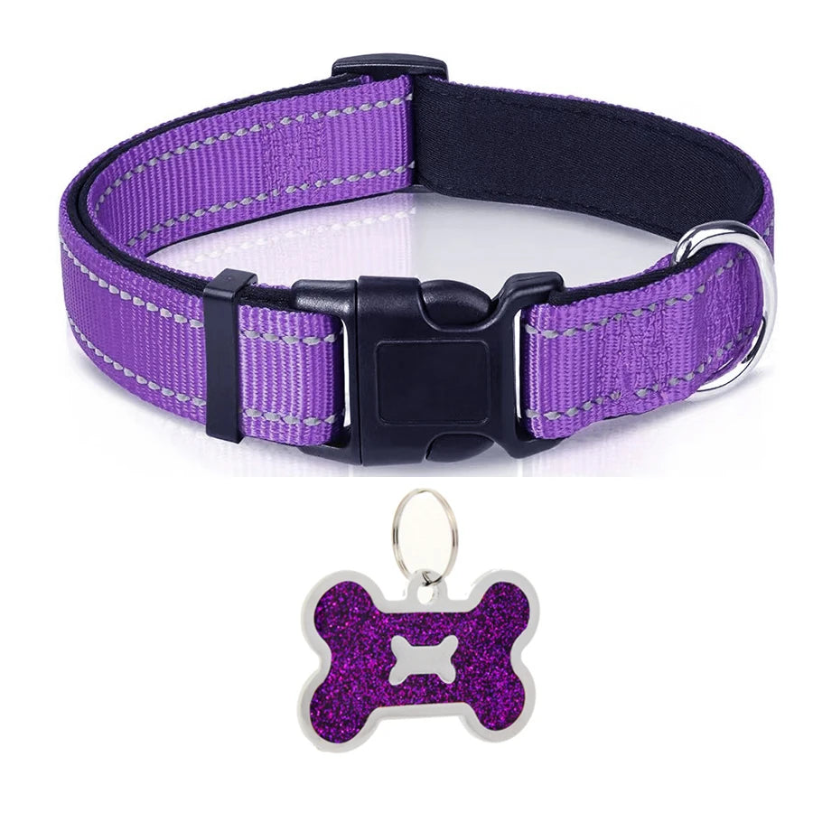 Coleira para Cães em Nylon - Acolchoada, Ajustável e Refletiva com Plaquinha de Identificação