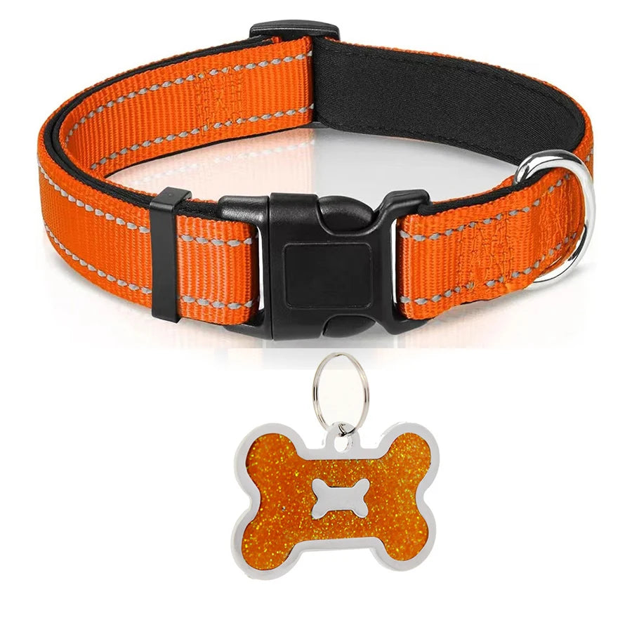 Coleira para Cães em Nylon - Acolchoada, Ajustável e Refletiva com Plaquinha de Identificação