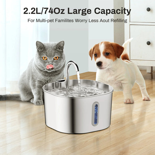 Bebedouro Elétrico Automático 2,2L para Pets – Fonte de Água em Aço Inox com Janela de Nível