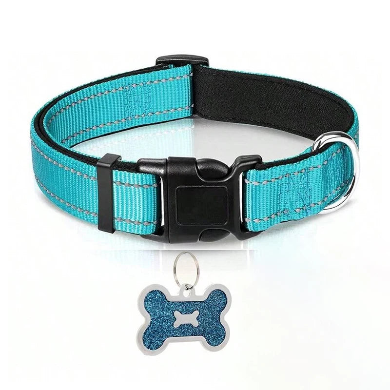 Coleira para Cães em Nylon - Acolchoada, Ajustável e Refletiva com Plaquinha de Identificação