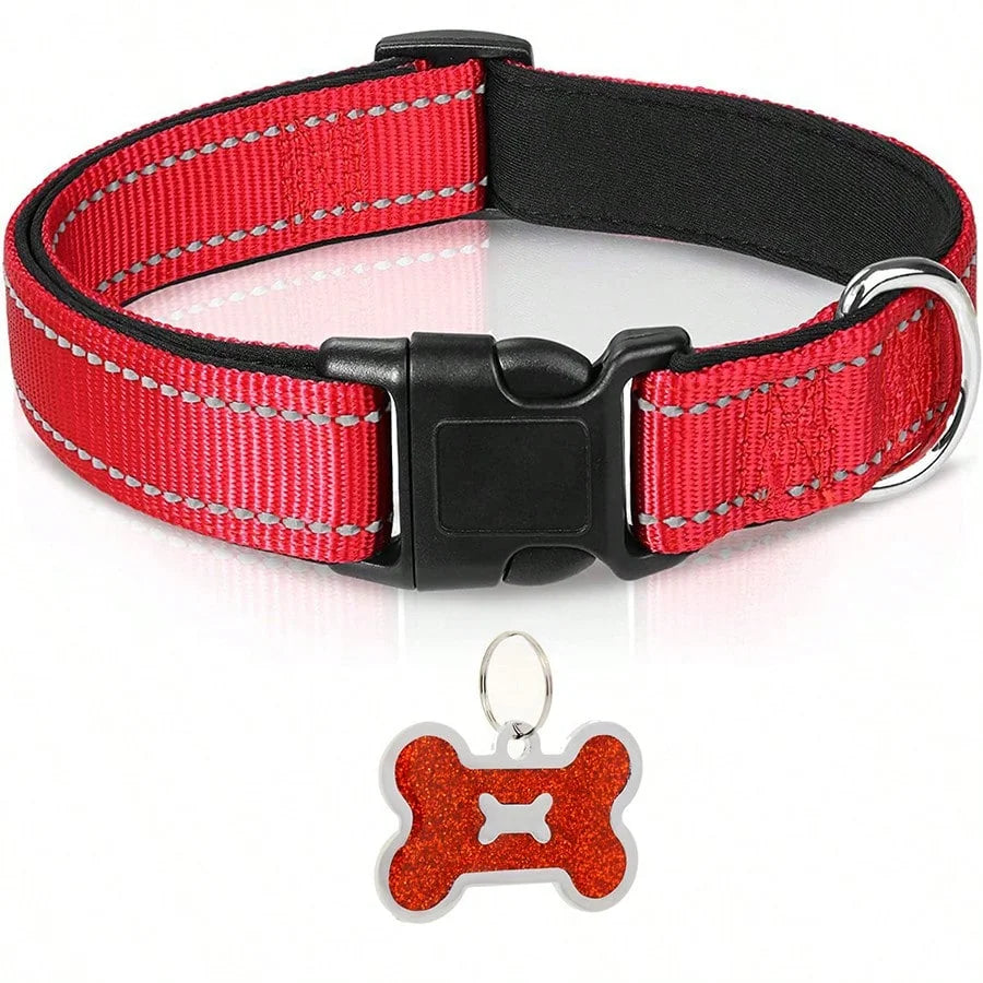 Coleira para Cães em Nylon - Acolchoada, Ajustável e Refletiva com Plaquinha de Identificação