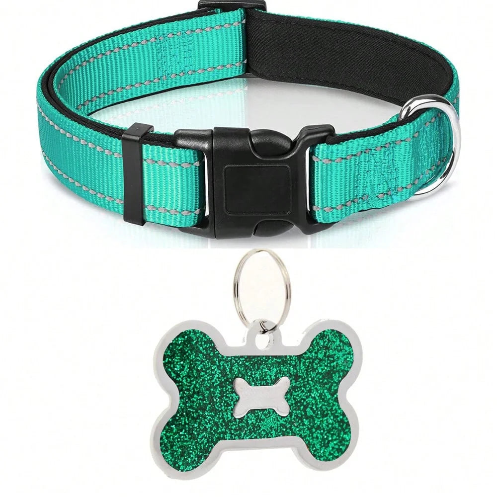 Coleira para Cães em Nylon - Acolchoada, Ajustável e Refletiva com Plaquinha de Identificação